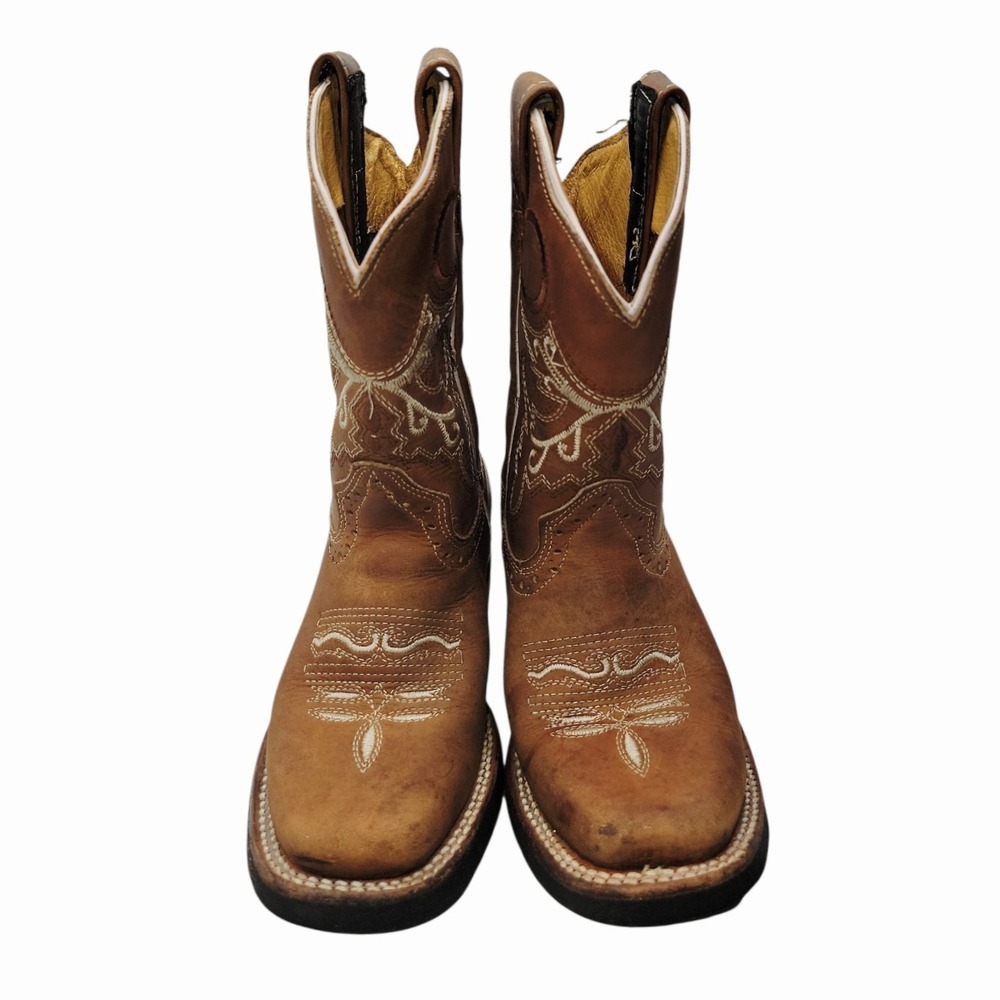 Kids Brown Western Cowboy Boots Size 7.5 Roper Style Embroidered Pull On Leather